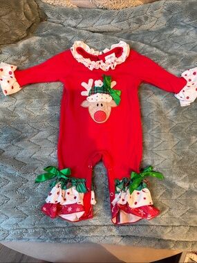 Red Baby Romper with Ruffle Collar and Green Bow